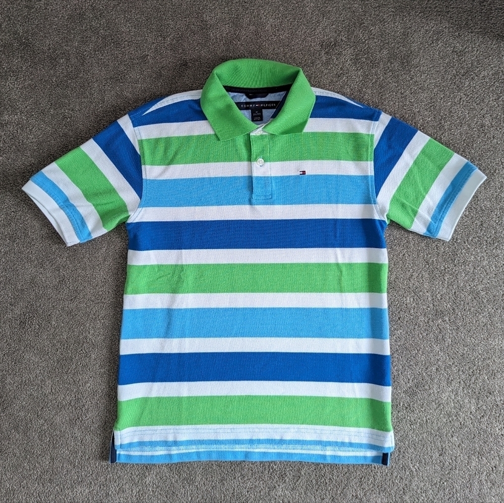 Tommy Hilfiger blue green and white striped polo Tshirt boys size Medium